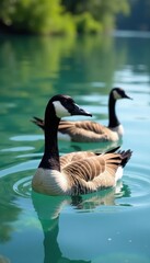 Obraz premium Canada geese swimming in formation on clear water, birds, clear