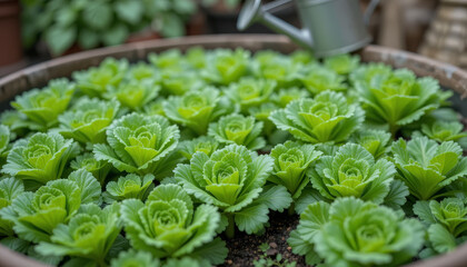 Lush green plants fill large pot, showcasing vibrant leaves in well maintained garden setting. arrangement creates serene and refreshing atmosphere, perfect for gardening enthusiasts