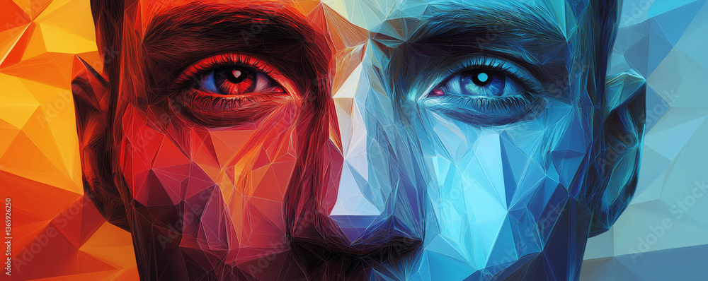 Poster human face composed of geometric shapes with contrasting colors representing duality and emotion in 