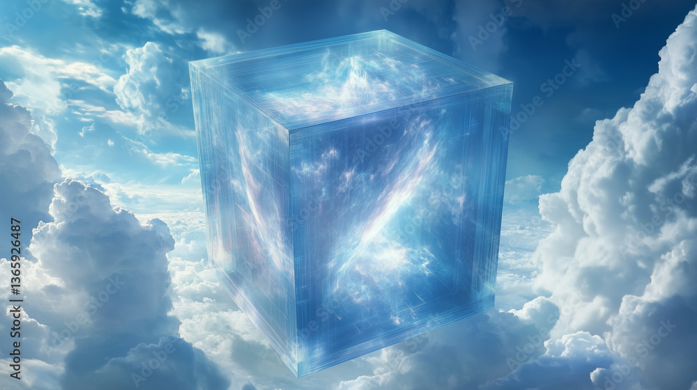 Poster hypercube spaceship constructed entirely of liquid floats among clouds in a celestial backdrop