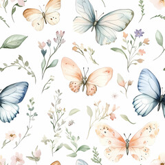 Enchanting Watercolor Butterfly and Floral Pattern: A delightful seamless pattern of watercolor butterflies dances amongst delicate flowers and verdant foliage.