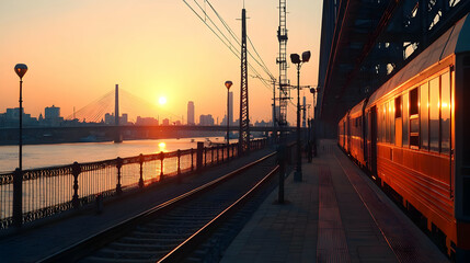 Obraz premium Sunset Over City Train Station with Orange Hues Reflecting on River Water and Silhouetted Buildings