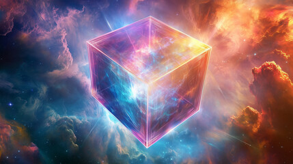 Fototapeta premium Hypercube spaceship emerges from liquid essence, navigating through vibrant cosmic landscape of swirling galaxies and stars