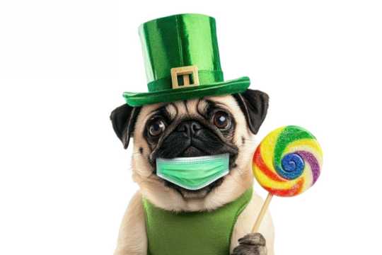 Create an image featuring a cute pug dog dressed in a festive St Patrick's Day outfit The pug  - Powered by Adobe