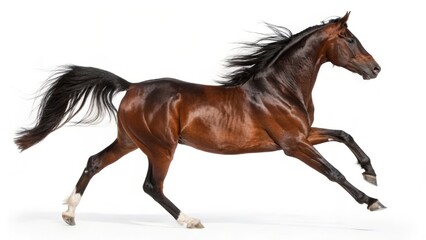 Fototapeta premium Elegant brown horse galloping in full stride on a white background, showcasing powerful movement, strength, and beauty in equine motion photography. 