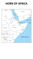 Horn of Africa Map. State map of Horn of Africa. Administrative map of Horn of Africa with state and capital in white color.