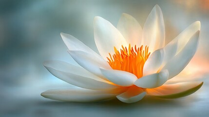 Close-up of a pristine white lotus flower with a vibrant orange center
