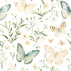 Floral Whispers: A serene pattern of delicately painted butterflies and blooming flora, illustrating a vibrant ecosystem. 