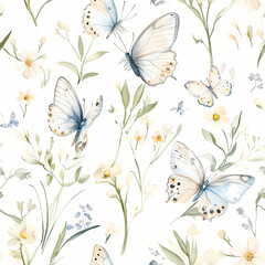 Butterflies and Wildflowers: A charming watercolor illustration of delicate butterflies fluttering amidst a field of wildflowers, creating a serene and whimsical scene.