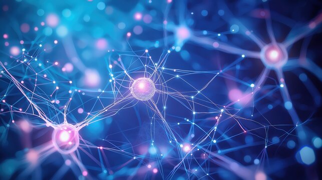 Digital illustration of glowing neural networks in blue and pink hues