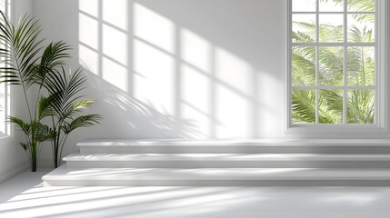 Bright and airy interior scene with shadows and a window view