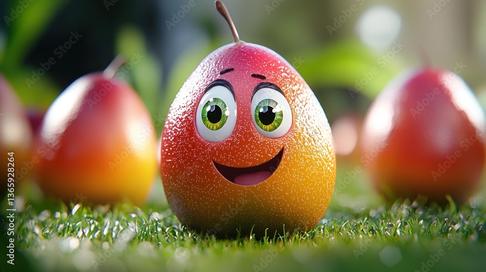 Poster colorful animated pear character smiling on grass with blurred green background and light