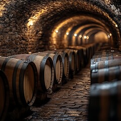 Wine barrels in stone cellar.