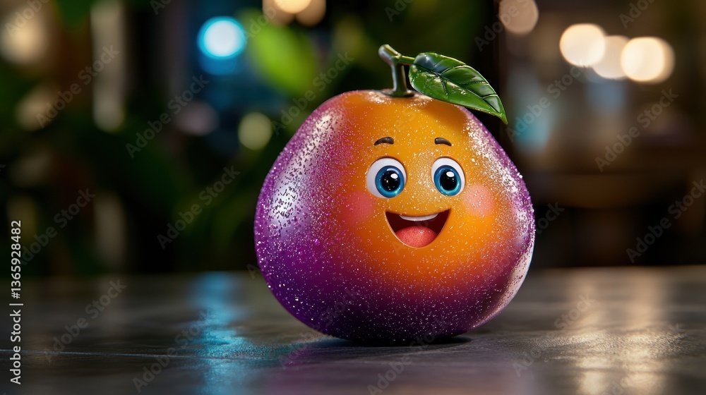 Poster a cheerful cartoon fruit character with a smiling face sits on a table in a vibrant caf? setting
