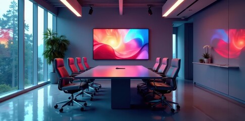 High-tech boardroom, minimalist furniture, large display , business, corporate, simple