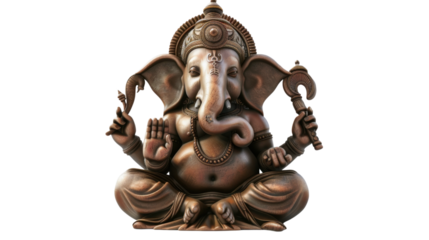 Bronze ganesha statue holding an axe and blessing with transparent background