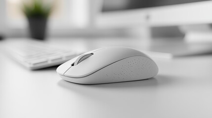 A close-up of a wireless mouse on a white desk with a clean, minimal design