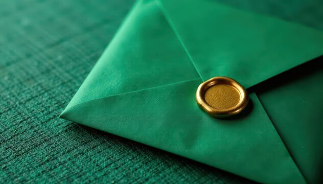Emerald green envelope, gold wax seal, linen texture, communication, wax seal, green