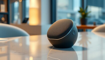 Modern Mesh Speaker. Stylish spherical speaker with textured mesh surface sitting on reflective surface in contemporary interior with warm ambient lighting.