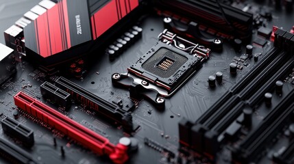 A minimalist motherboard with a clean design, placed on a white background