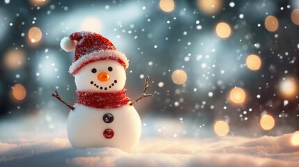 Fototapeta premium Smiling snowman in red hat and scarf standing in snowy festive scene