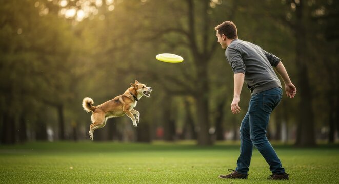 Man throws frisbee to dog in a sunny park, capturing joyful outdoor playtime