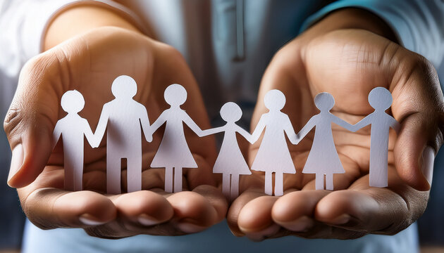 Concepto de familia protegida en manos humanas ideal para campa&ntilde;as de branding solidario educaci&oacute;n responsabilidad social y marketing emocional vinculado al D&iacute;a Internacional de la Familia