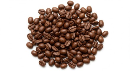 Fototapeta premium Scattered Roasted Coffee Beans on Clean White Background Highlighting Natural Texture, Shine, and Minimalist Coffee Aesthetic