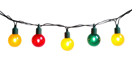 Vibrant String of Colorful Light Bulbs Isolated on White Background, Perfect for Festive and Holiday Decor