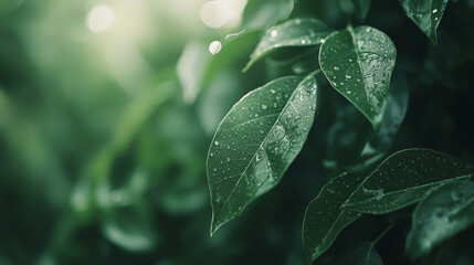 Fototapeta premium Morning dew drops glistening on green leaves for earth day celebration. concept of nature's beauty, environmental awareness, freshness, botanical serenity, ecology, background, copy space