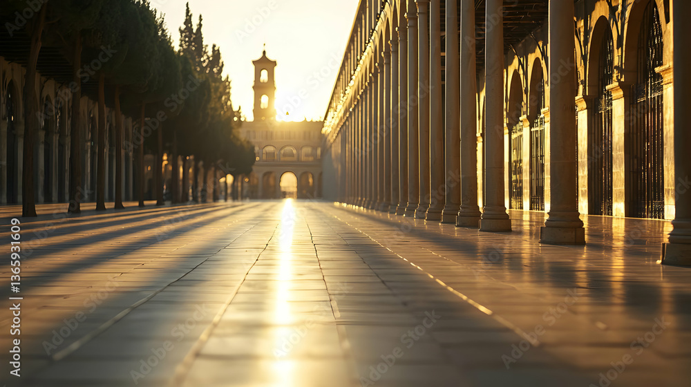 Aufkleber golden sunlight illuminates columns and pathway creating long shadows in exterior architectural stru