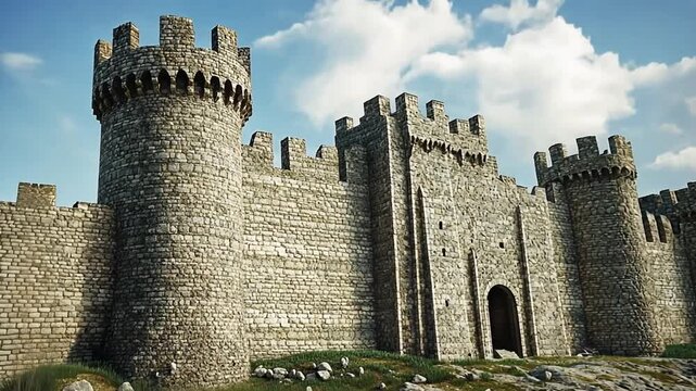 Majestic medieval stone castle with towers, walls and gateway, under a blue sky backdrop