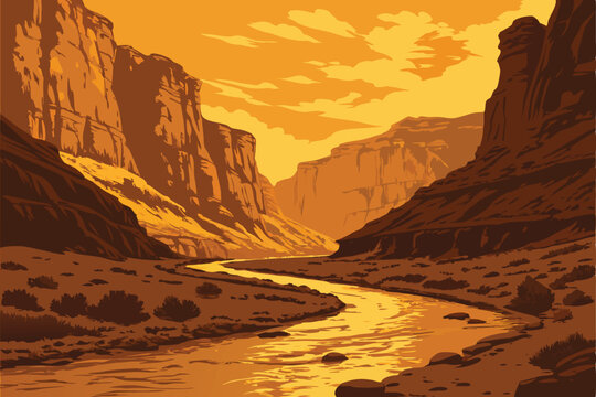 61 Surreal canyon landscape, flowing golden lava river, towering rock formations, dramatic lighting, sunset glow, molten gold texture, winding path, fantasy environment, high contrast, digital art, hy