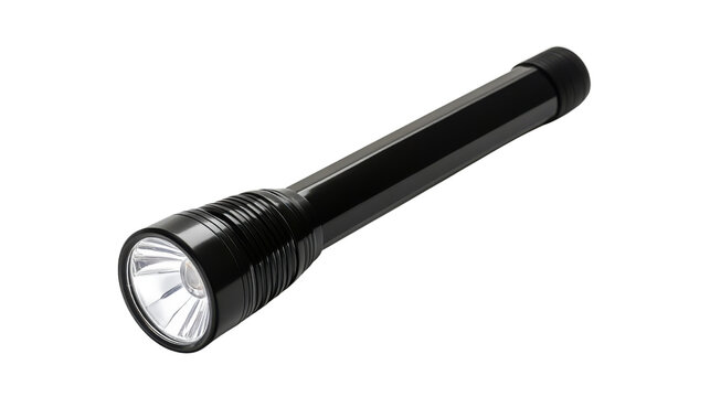 Black Flashlight Isolated on White Background, Compact and Durable Flashlight for Outdoor Use, Emergency Lighting Tool