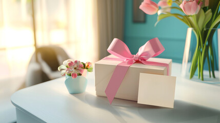 Gift box with pink ribbon and flower bouquet on light table with blank greeting card. Concept of romantic surprise, holiday celebration, gift giving, present, floral decor, copy space, mock up