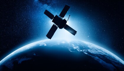 Silhouette of a satellite floating against the backdrop of the Earth