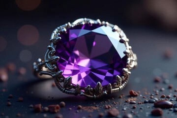 Fototapeta premium Large amethyst, intricate silver filigree, royal aesthetic, silver, jewelry photography