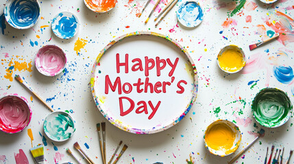 Fototapeta premium Creative Mother's Day greeting with colorful paint splashes and handmade art on round canvas. Concept of child's gift, artistic celebration, DIY craft, handmade love, festive decoration