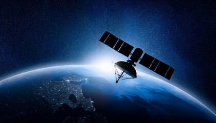 Fototapeta premium Silhouette of a satellite floating against the backdrop of the Earth