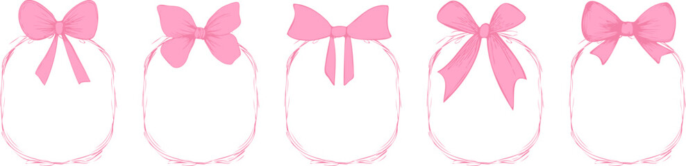 Vintage bow and ribbon frame set with a romantic, coquette touch, perfect for Valentine's Day cards, wedding invites, girly designs, feminine scrapbooking and trendy Y2K elements.