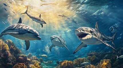 A group of dolphins hunting fish, with a bait ball forming around them. A shark chasing a school of tuna, creating a thrilling motion effect. A sea turtle escaping from a tiger shark, a tense moment