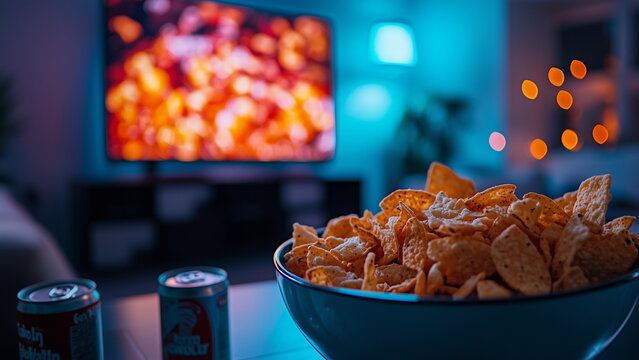 A bowl of tortilla chips and soda can drinks on the coffee table in the living room, chill movie night