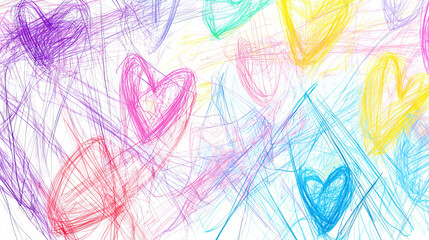Abstract background with colorful hand-drawn hearts and sketchy chaotic lines in childlike style drawing. Concept of playful creativity, artistic expression, love, happiness, and innocence