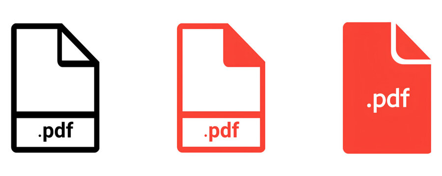 PDF file format icons set. PDF file download symbols. Format for texts, images, vector images, videos, interactive forms.