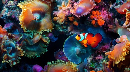 Clownfish nestled in an anemone, with their bright orange and white colors standing out. Mandarinfish glowing in neon blues and oranges, set against a dark underwater background. A seahorse 