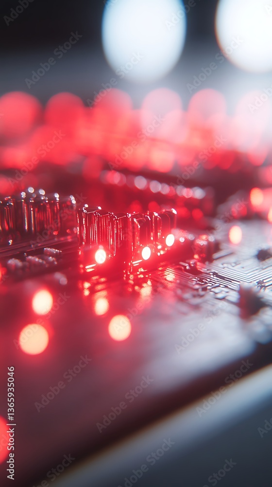Poster intricate close-up of a vibrant red illuminated circuit board elements