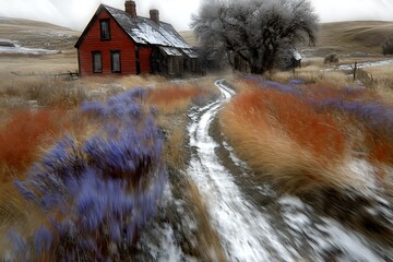 An old red house and snowy road in a rural landscape