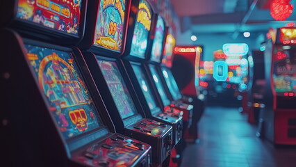 Arcade centre with colourful arcade game in dim light environment, nostalgia memories of 90s kids