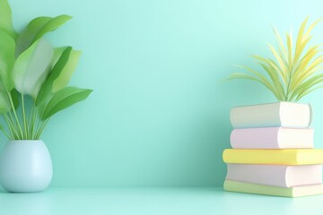 Pastel-toned books and plants on a mint green surface