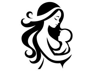 Vector illustration of a mother holding her baby in black and white silhouette. Loving mom and child, maternal bond, motherhood symbol, family love, parenting, Mother’s Day, mom and newborn logo